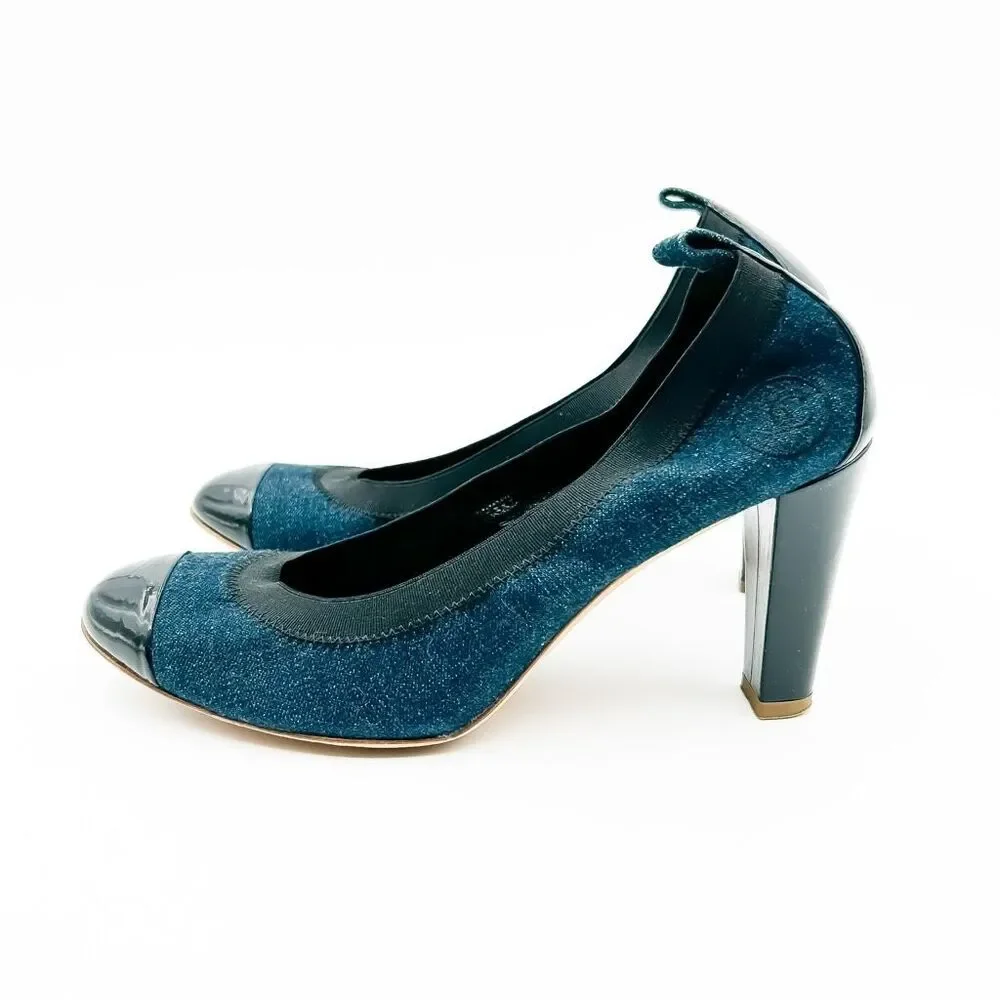 Chanel Elastic CC Logo Blue Denim Pumps High Heels Size 39 US 8-8.5